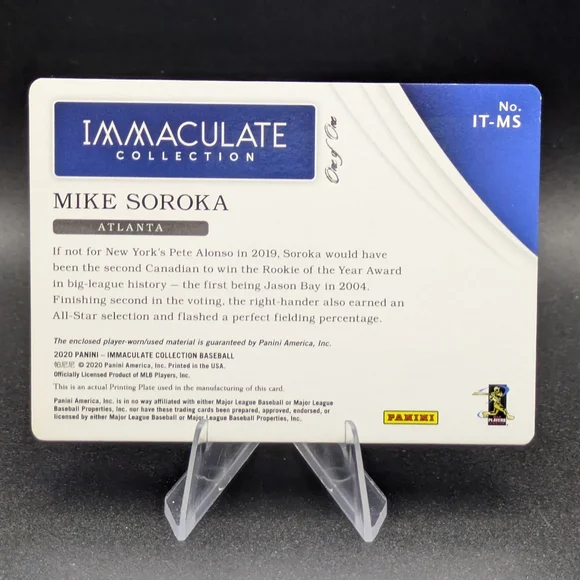 2020 Panini Immaculate MIKE SOROKA #'d 1/1 Triple Patch PRINTING PLATE Braves